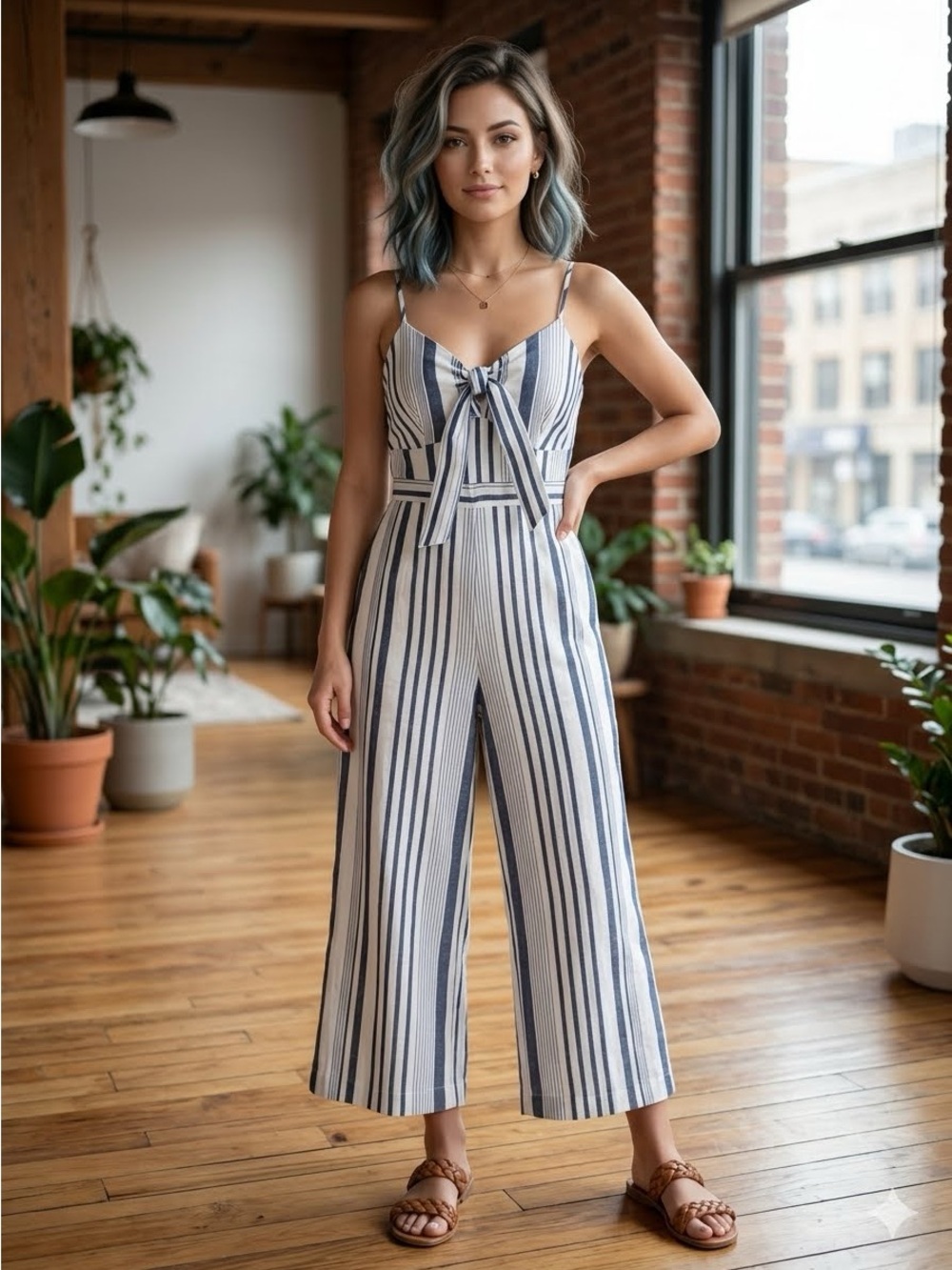 Japna Blue and White Striped Capri Jumpsuit - Size Small - NWT